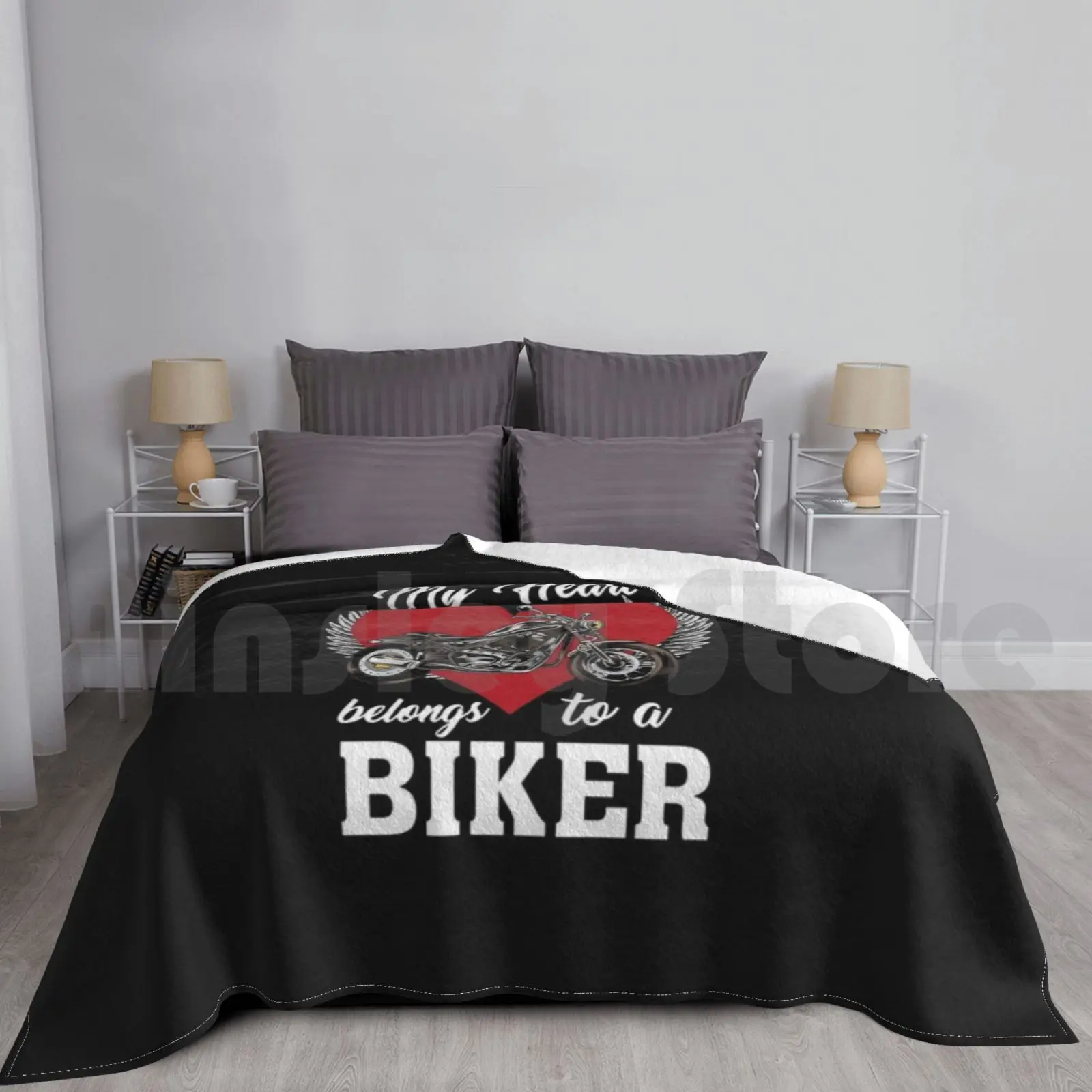 Heart Biker Motorcycle Rider Wife Husband Gift Blanket For Sofa Bed Travel Love Driver Heart Belongs Motorcycle