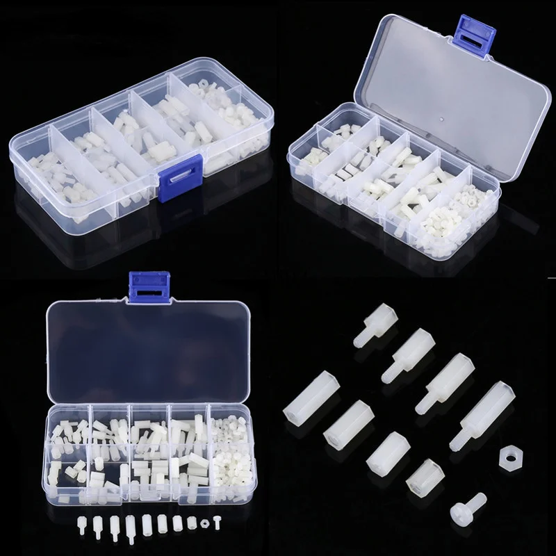 

180Pcs/Box M2 M2.5 M3 M4 Black/White Hex Nylon Standoff Spacer Column Flat Head Nylon Plastic Spacing Screws Nuts