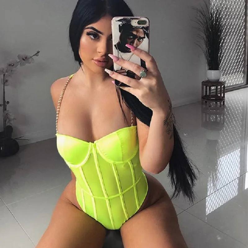 BKLD-mono verde neón con tirantes finos para mujer, mono Sexy transparente con cadena de Metal, ropa de discoteca, 2019