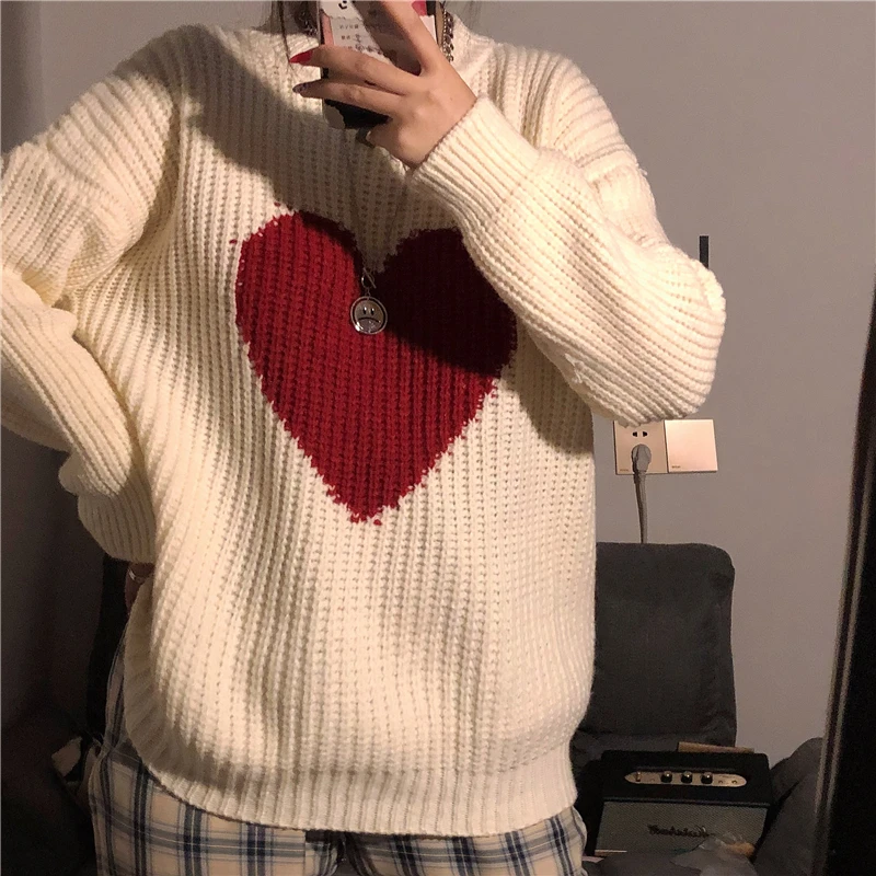 2021 Winter New Sweet Heart Pattern Sweater Retro Harajuku Style Full Sleeve Pullover Loose Knit Casual Sweater