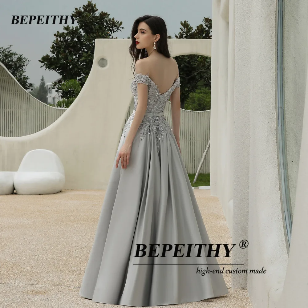 BEPEITHY Customized Off The Shoulder Sliver Evening Dresses Party For Women Sexy Beading Floor Length Prom Dress High Slit 2023