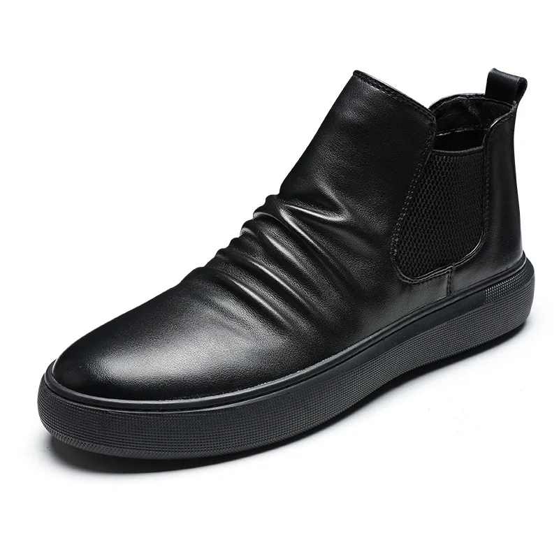 brand designer men casual cow leather boots black platform shoes slip-on buty zimowe meskie autumn winter chelsea botas hombre