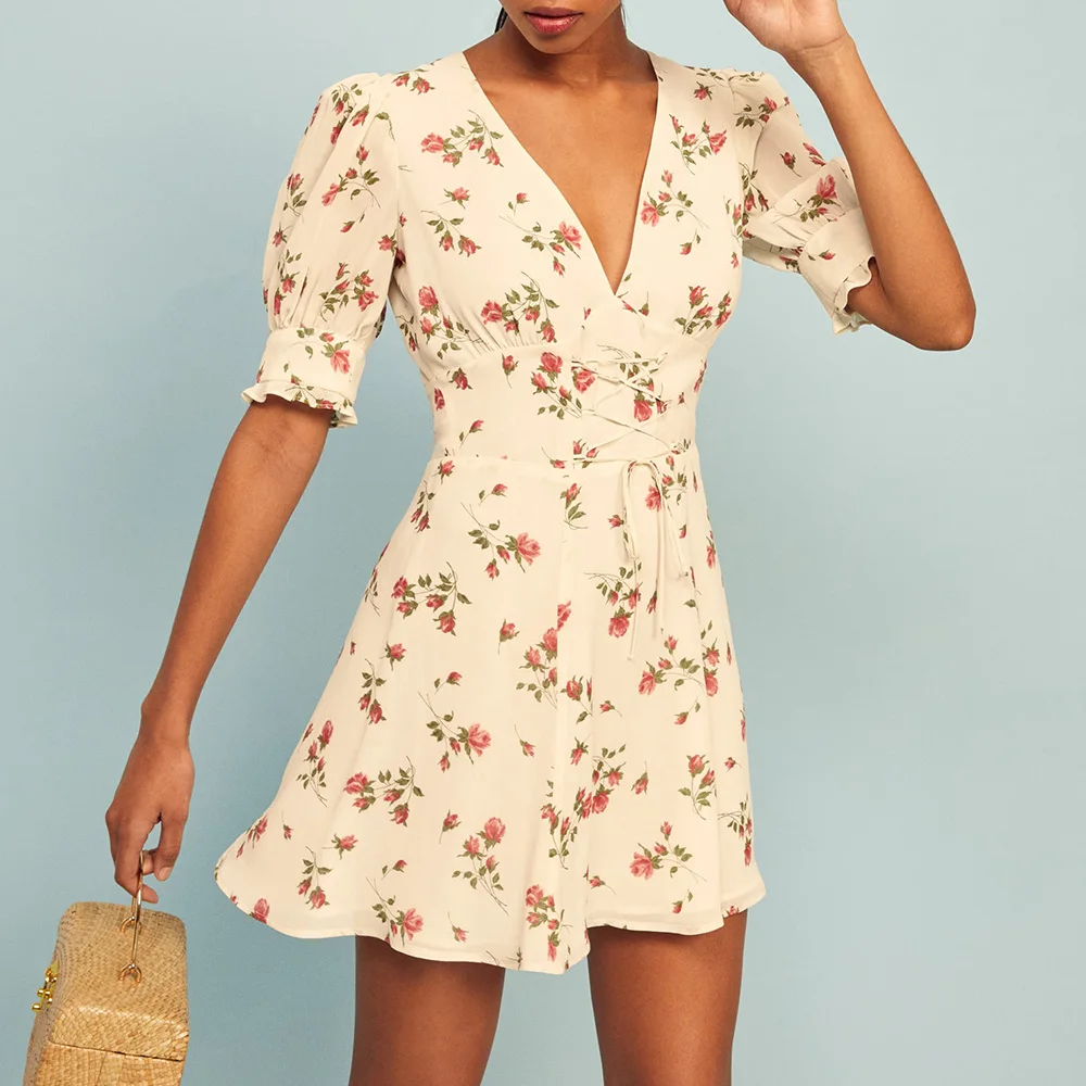 

Short Dresses For Women Summer Dress 2020 Woman V Neck A Line Mini Dress Women Summer Short Sleeve Vintage Print Floral Dresses