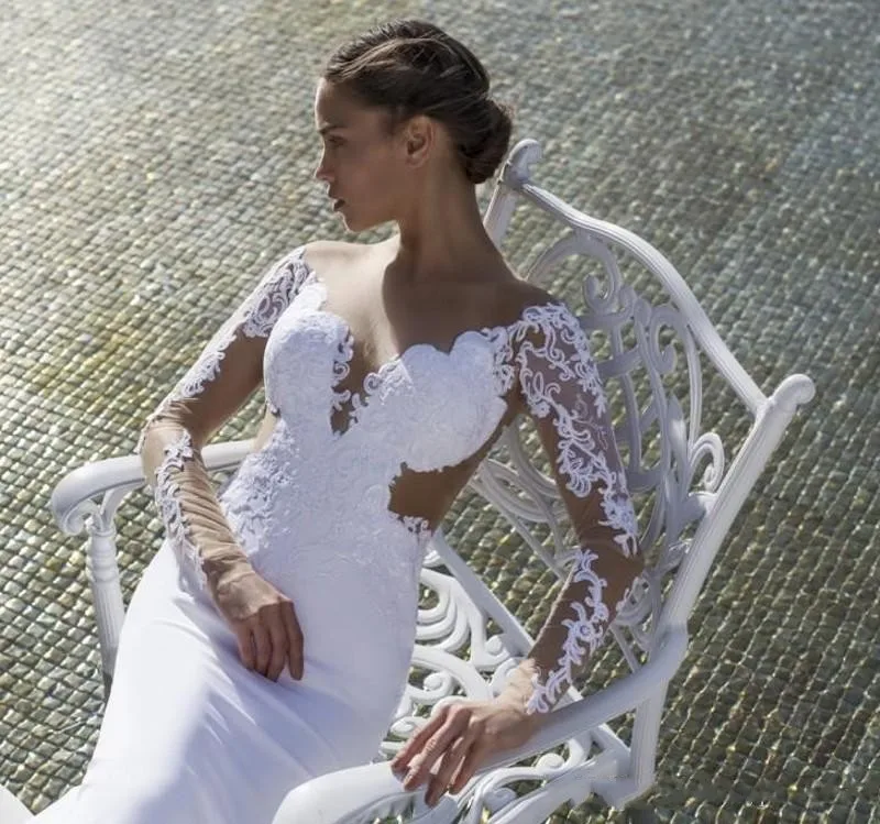 

2025 Lace Wedding Dresses Sheer Neck Illusion Long Sleeve Chiffon Over Skirt Beach Bridal Gowns Detachable Train Mariage