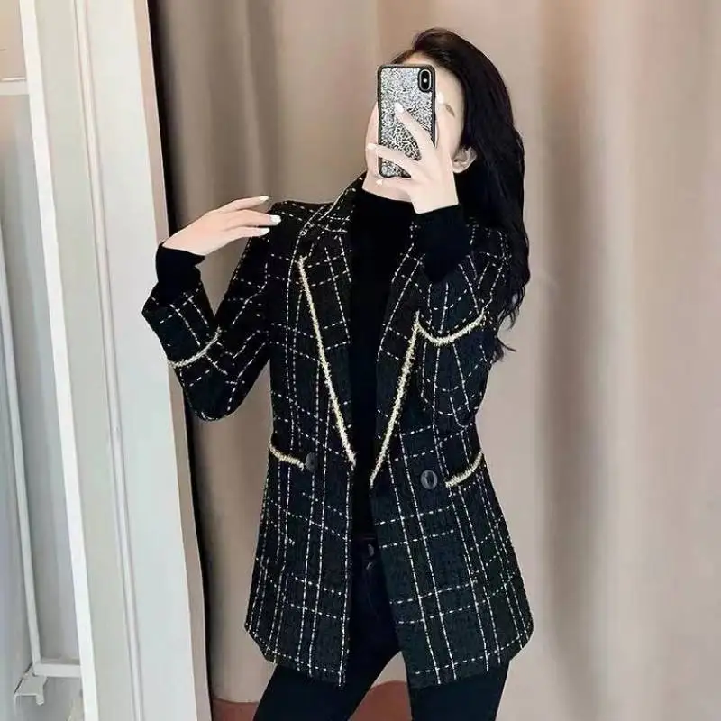 2025 New Spring Autumn Blazer Ffemale Korean Fried Street Black Fashion Casual Plaid Suit Jacket Female Loose Outerwea