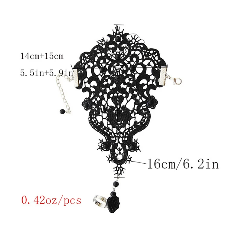 2Colors Women Rose Beads Flower Lace Glove Goth Style Adjustable With Ring Long Bracelet Women Accessories