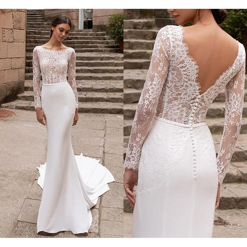 Fanweimei sereia vestido de casamento do laço para a mulher 2021 vestido novia vestidos de noiva de manga longa feitos sob encomenda abertos para trás vestidos de noiva