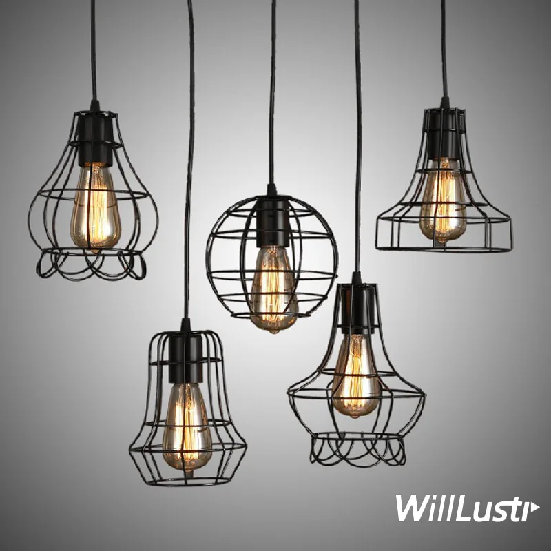 Vintage Iron Cage Pendant Lamp Retro Suspension Light Office Bar Hotel Loft Balcony Yard Porch Industrial Hanging Chandelier