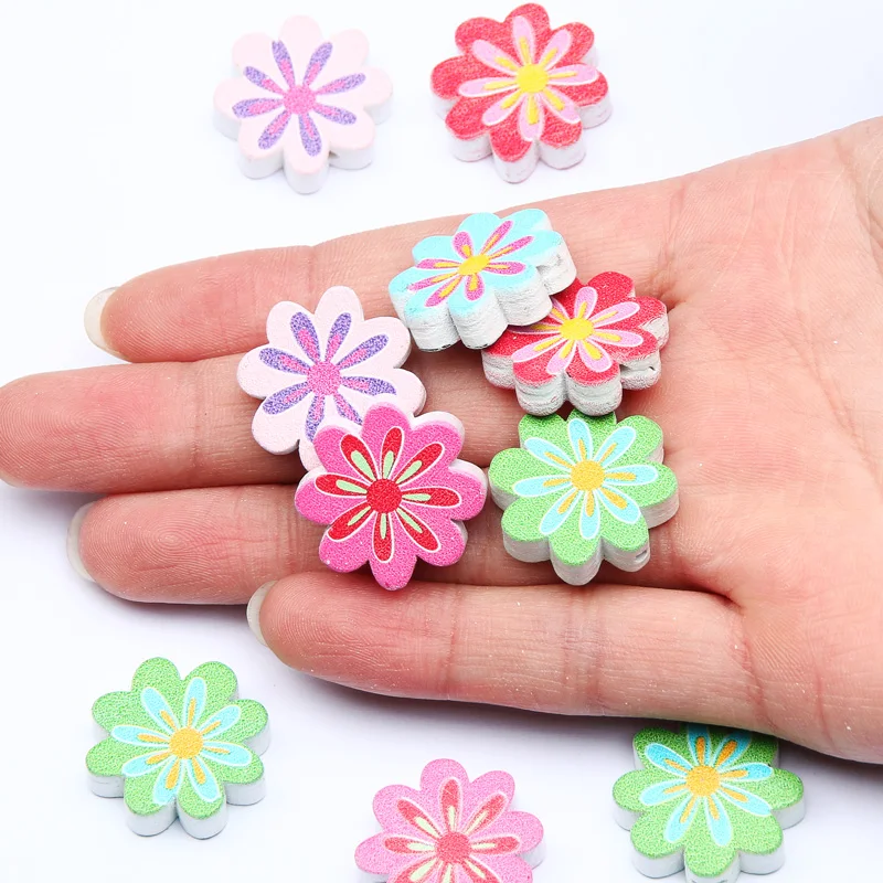 20pcs Cartoons Wood Spacer Flower Beads Round Natural Wooden Beads For Jewelry Making Diy Bracelet Necklace Rattle Finding