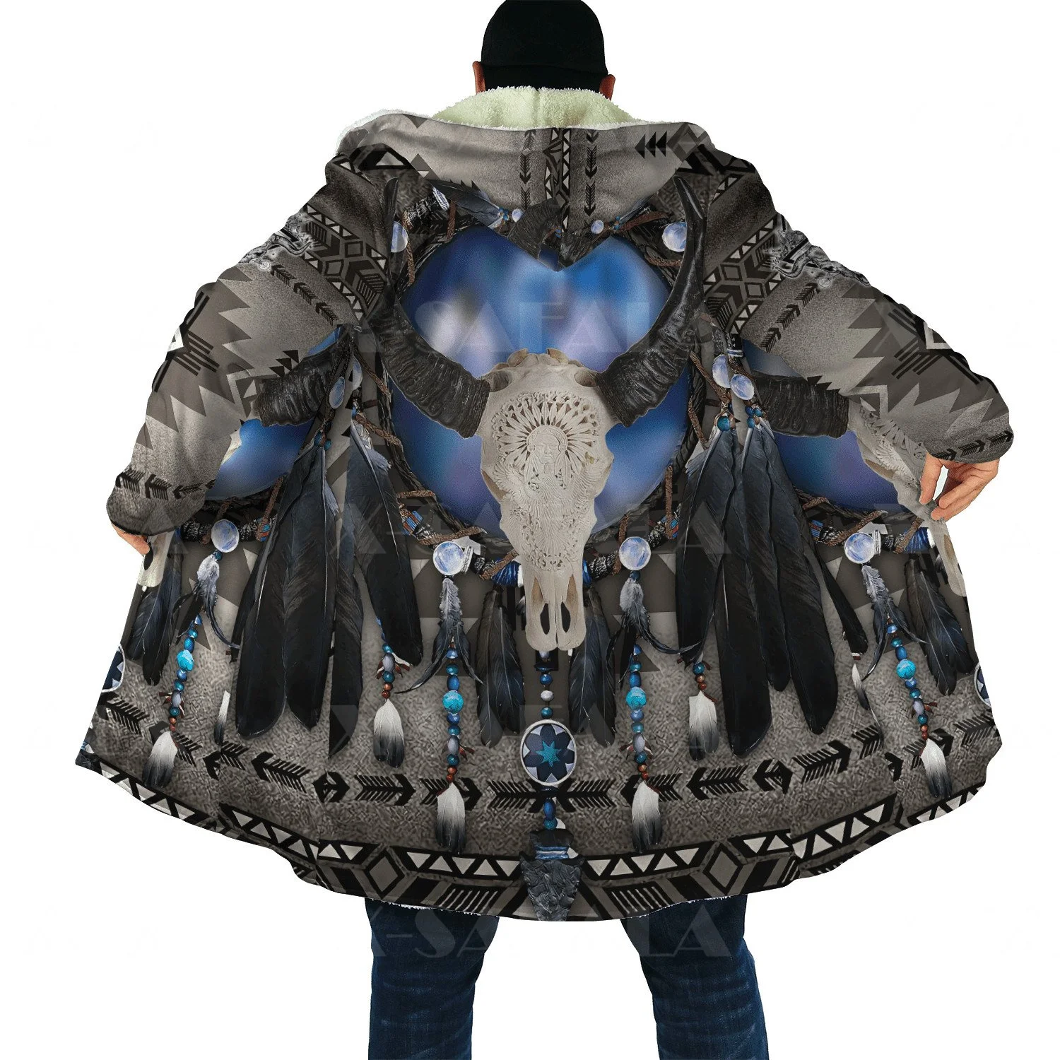 

Thick Warm Hooded Cloak for Men Owl Native Feather Totem Overcoat Coat 3D Print Windproof Fleece Cape Robe Hooded Blanket-5