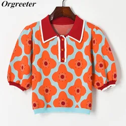 Summer New Lapel Color contrast Flower Jacquard Puff sleeve Knit Cropped Top Women Chic Flower Button Thin Sweater