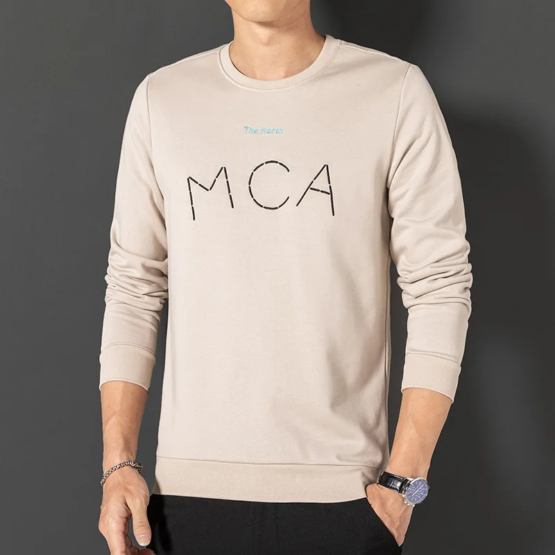 

Spring Autumn English Alphabet Fashion New Men's Round Neck Pullover Pure Cotton Handsome Personality Trend Casual Long-Sleeved