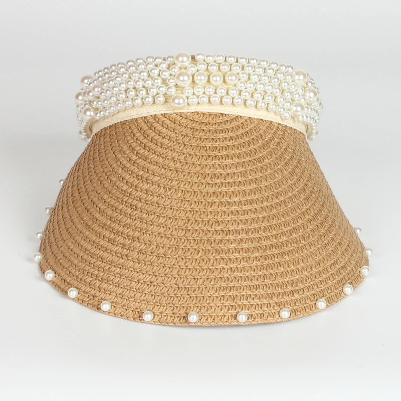 Women Foldable Pearls Hats Summer Travel Beach Straw Hat Wide Brim Pearl Empty Top Straw Hats For Ladies and women