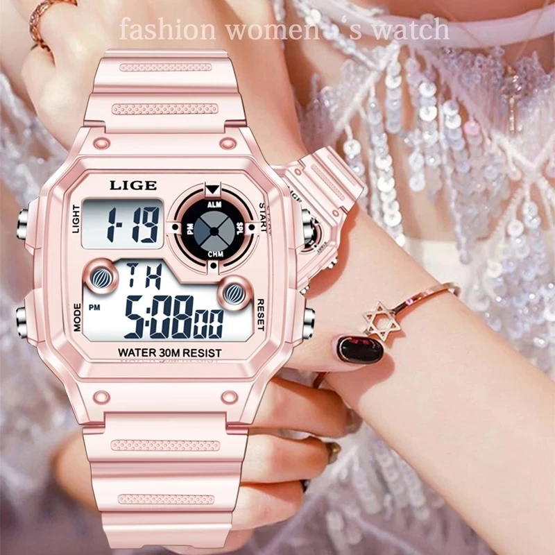 LIGE Luxury Rose Gold Women Digital Watch Waterproof Steel LED Electronic Wrist Watch Luminous Clock Ladies Watches Montre Femme