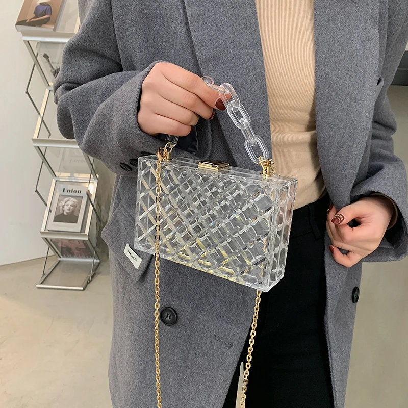 Fashion Transparent Acrylic Box Women Handbags Designer Chains Shoulder Crossbody Bags Luxury Clear Pvc Small Square Purses 2021