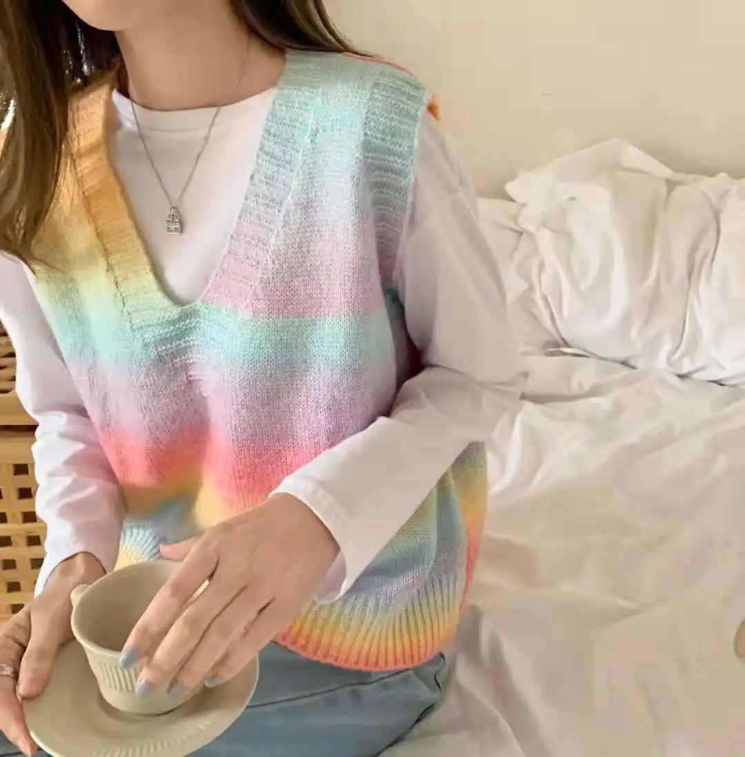 Sweter kamizelka damska dekolt w serek nadruk tęcza Casual koreański styl nastolatki Chic moda jesień zima bez rękawów dziewczyny Twist swetry y2k