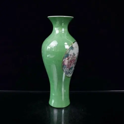 China old porcelain Green Glaze Pastel Flower and Bird Pattern Vase