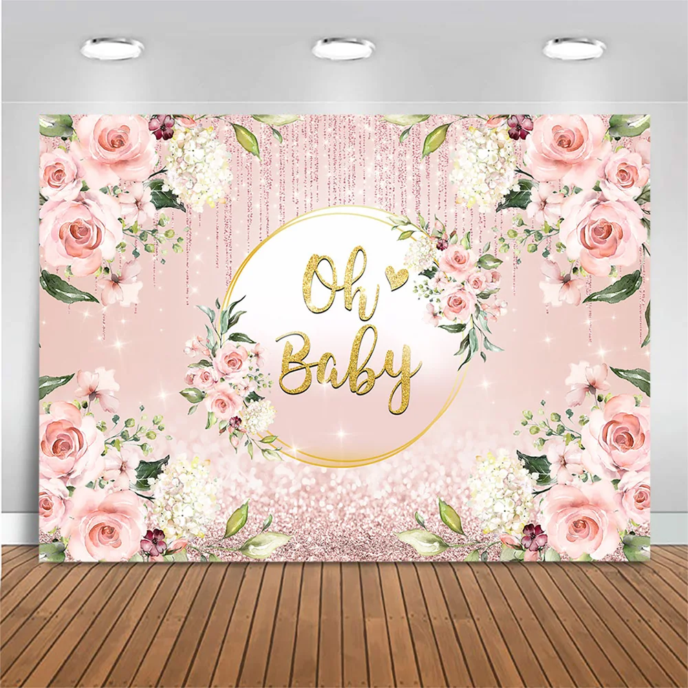 

Mocsicka Newborn Baby Shower Backdrop for Photography Pink Flower Green Leaves Child Girl Birthday Photo Background Photo Studio