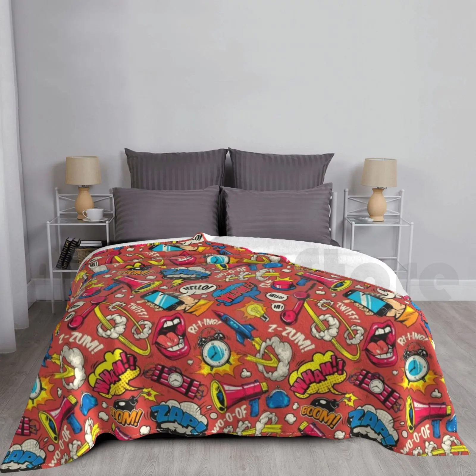 Red Comic Style Blanket Fashion Custom Heroes Fights Dynamite Mouth Comic Superheros Hits Yeah Wham Zaap Puff