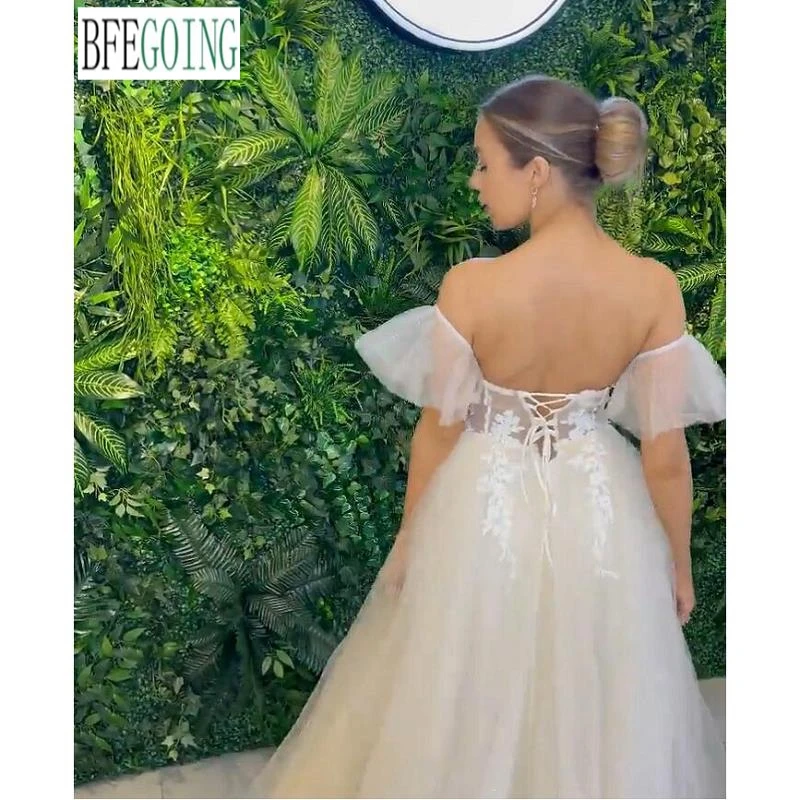 Vestidos de novia de tul con encaje y hombros descubiertos, línea A, hechos a medida, longitud hasta el suelo, cuentas, escote corazón