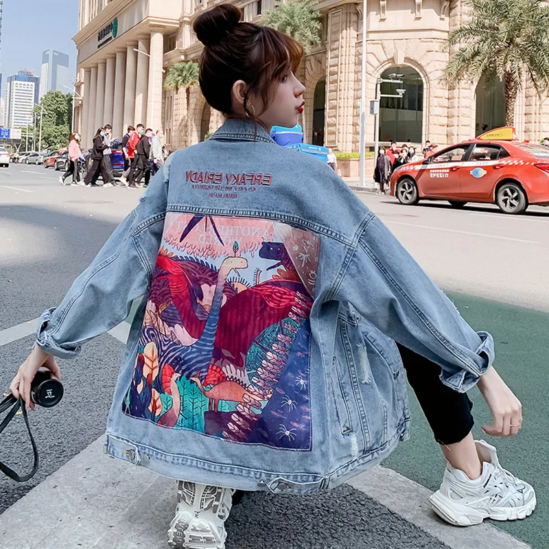 2023 New Fashion Dinosaurs Cartoon Print Long Denim Jacket Femme Coat Women Vintage Streetwear Style Loose Jean Jacket