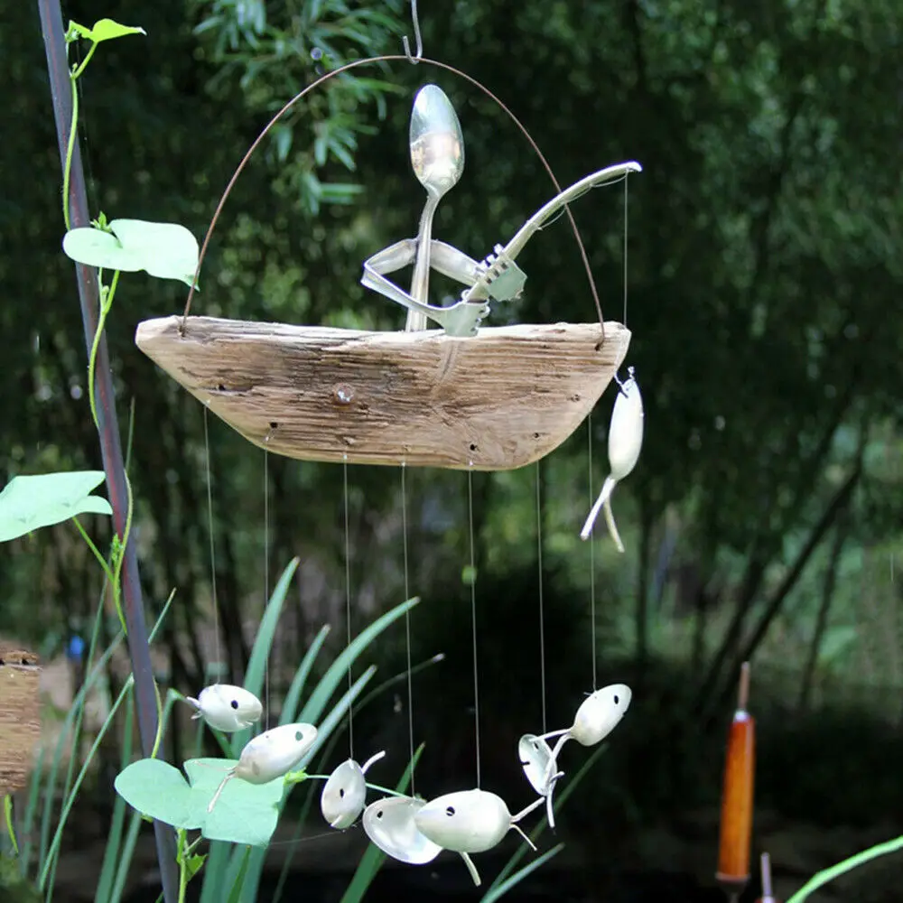 

1PC Fishing Man Spoon Fish Sculptures Wind Chime Outdoor Hanging Ornament Home Decoration YYY1293