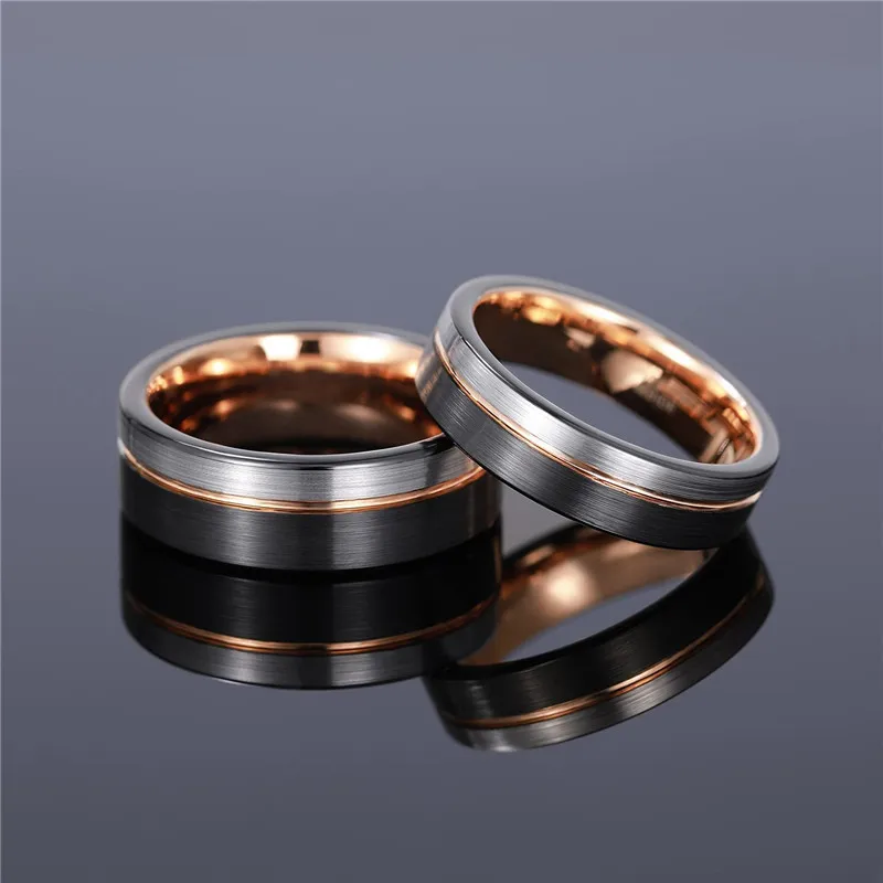 TIGRADE Men Tungsten Ring Black Rose Gold Line Brushed 6/8mm Wedding Band Engagement Rings Men\'s Party Trendy Bague Homme