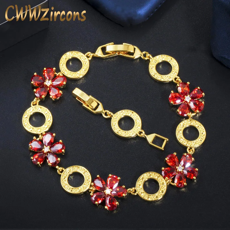 

CWWZircons Lovely Round Flower Chain Link Red Cubic Zircon Bracelet African Dubai Gold Color Women Party Wedding Jewelry CB217