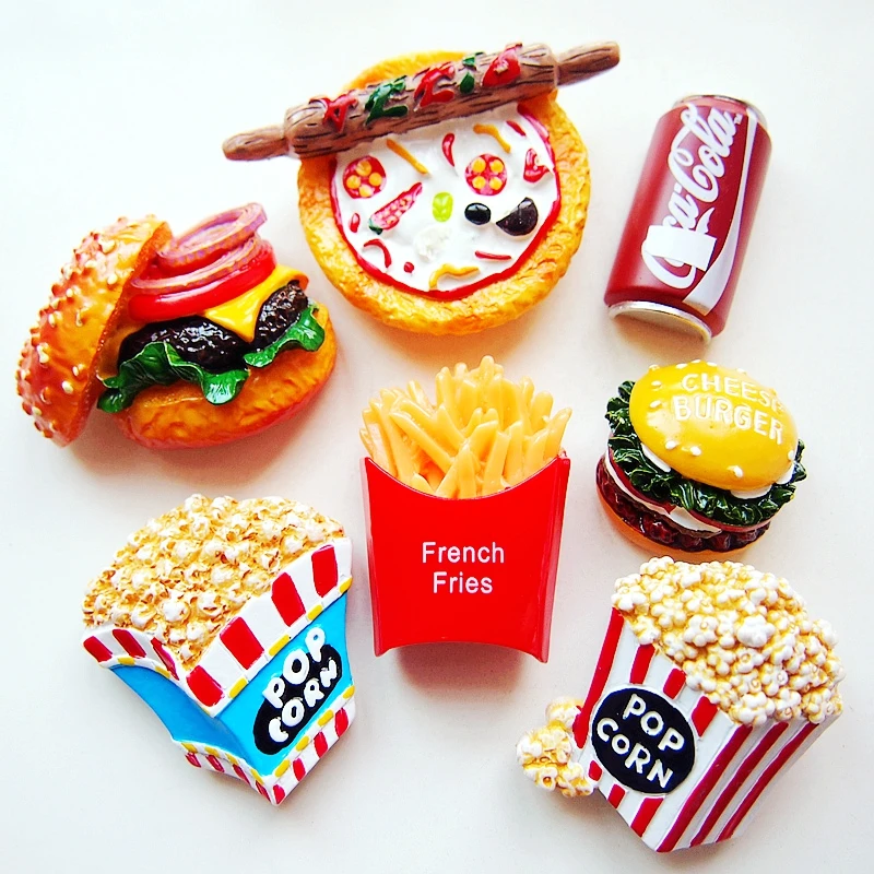 Hand-made Painted Hamburger Fries Popcorn Pizza 3D Fridge Magnets Tourism Souvenirs Refrigerator Magnetic Stickers
