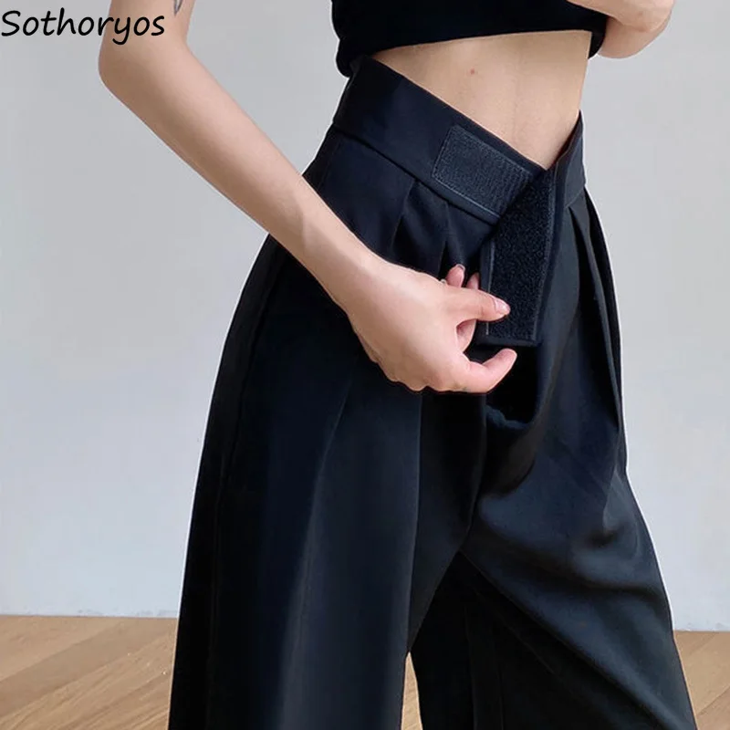 

Solid Black Casual Pants Women Empire Wide Leg Trousers Office Lady Adjustable Waist Mopping Draped Baggy Elegant Tender Popular