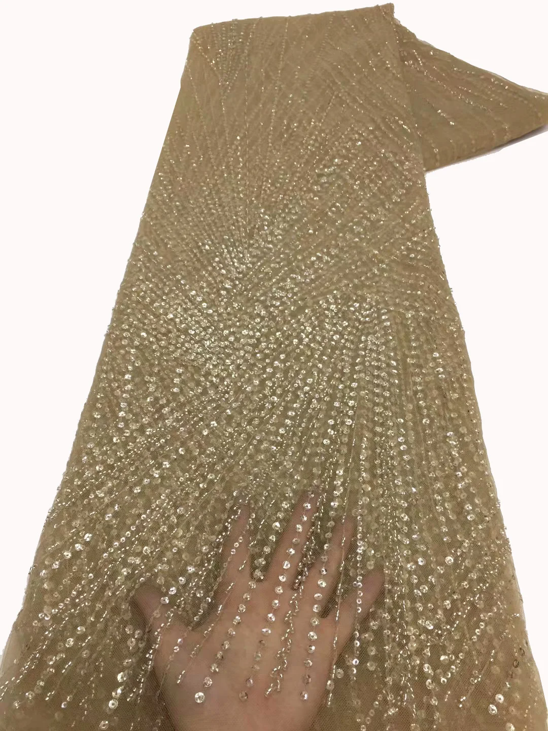 

(5yards/pc) High grade elegant gold African tulle lace sequins tube beads embroidered French net lace for party dress FZX111