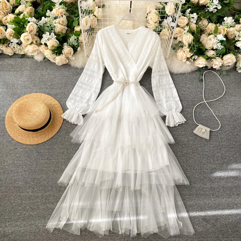 Wavsiyier Boho Luxury manica lunga Party autunno Runway Cake Dress a-line 2022 Vintage Spring Elegant abiti a vita alta donna nuovo