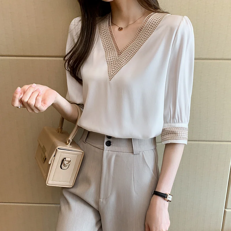 Women Shirts Blouses Femme White Blouse Tops Women Blusas Mujer De Moda 2023 Verano V-Neck Chiffon Blouse Shirt Tops Blusas E608