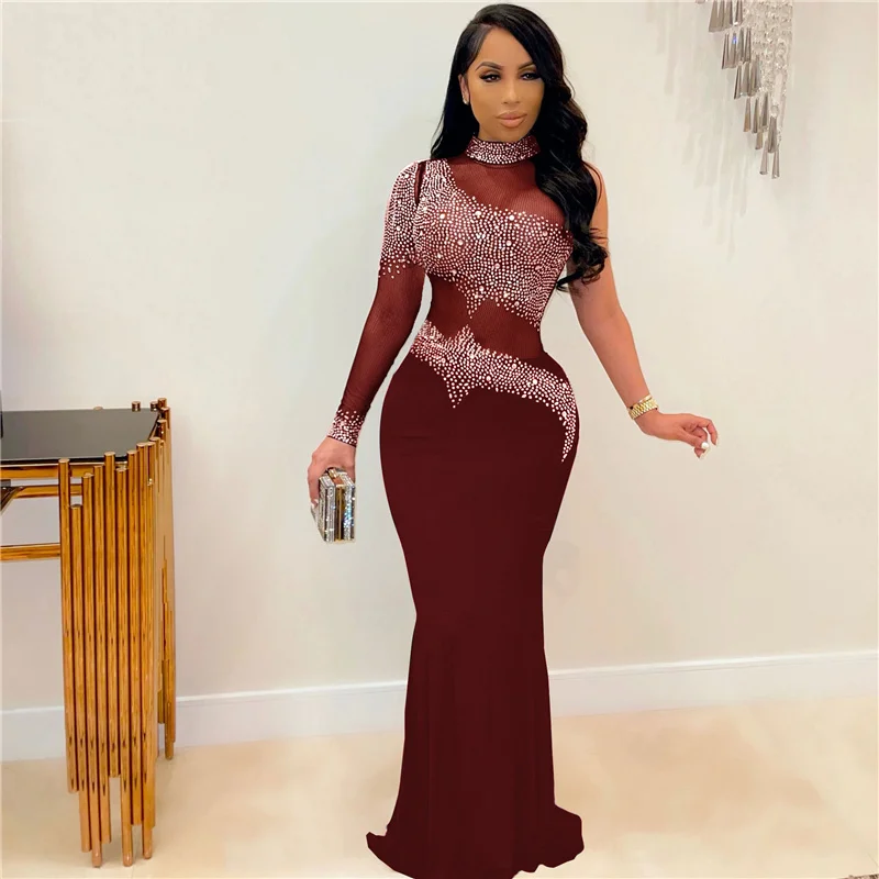 Sexy Crystal Rhinestone Bodycon Maxi Dress Women Wedding Evening One Sleeve Mesh See Through Patchwork Night Party Club Dresses