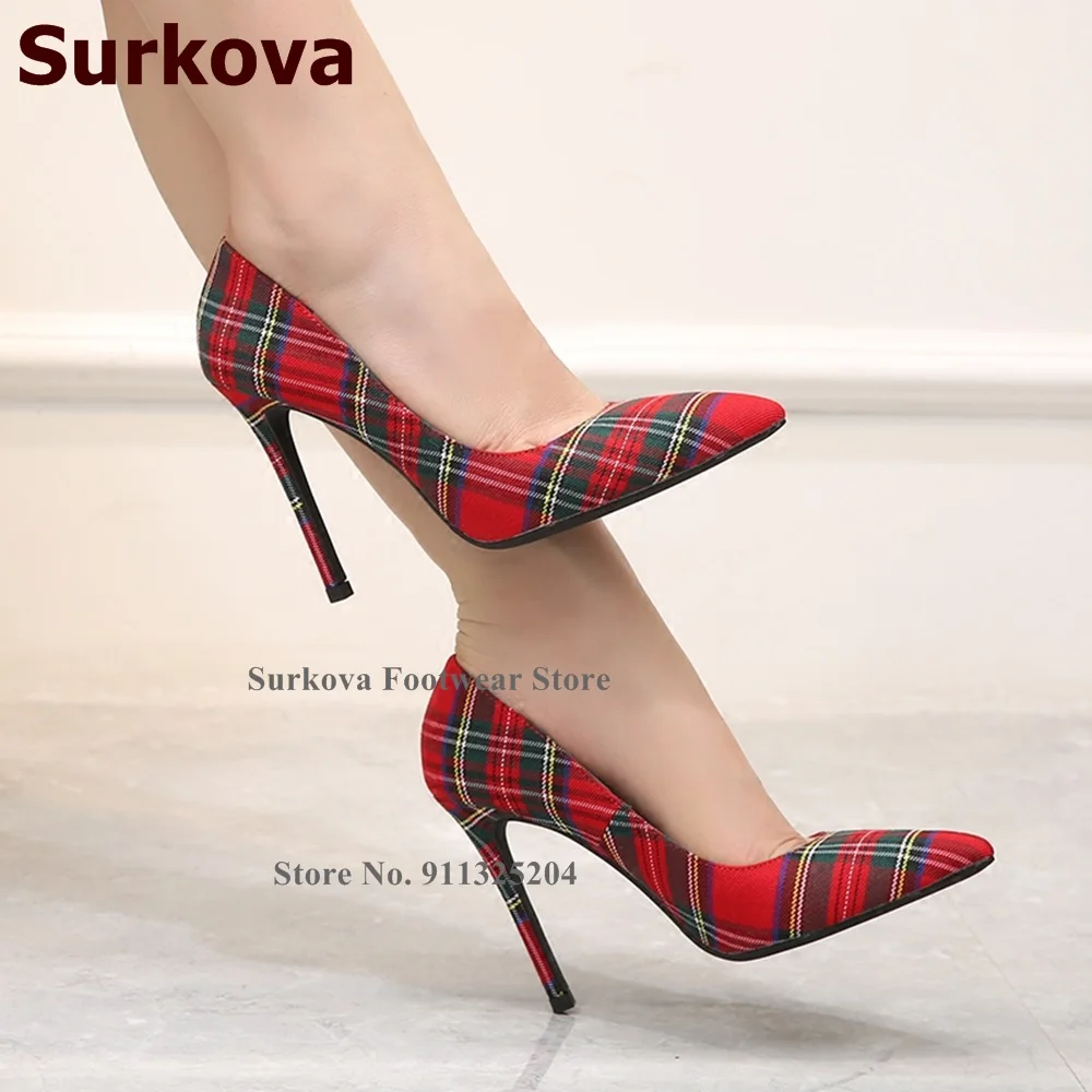 

Surkova Elegant Red Green Checkered Cloth High Heel Shoes 12cm 10cm 8cm Real Photo Shallow Pointed Toe Plaid Wedding Pumps US13