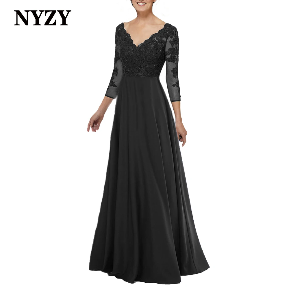 M371 nyzy elegante chiffon frisado renda azul marinho mãe da noiva vestidos 2021 3/4 mangas vestido de festa de casamento vestido de noite