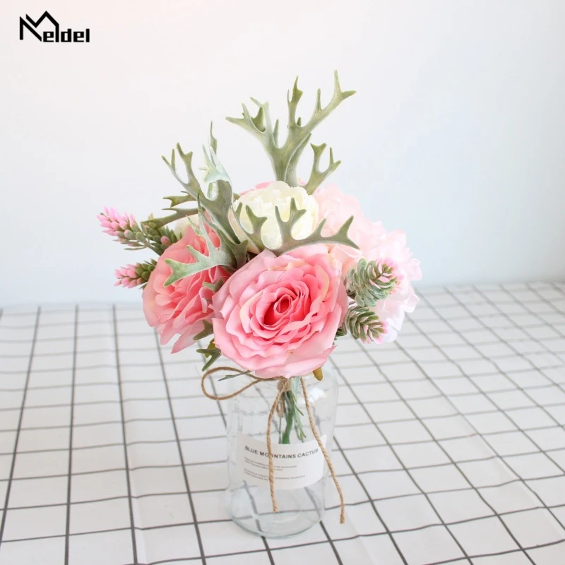 Meldel rosa bouquet de casamento da dama de honra buquê de flores de seda artificial peônia staghorn samambaia suculentas folhas rosa flor de casamento