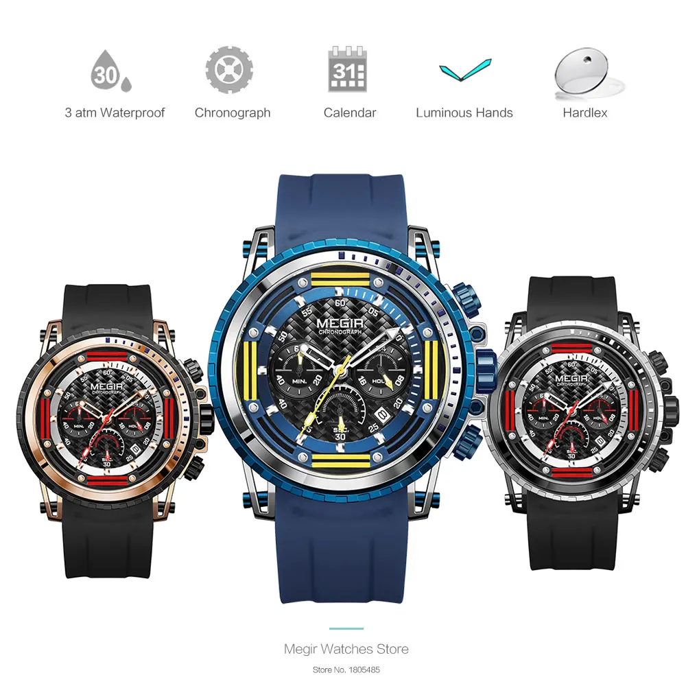 MEGIR Watches for Men Fashion Chronograph Quartz Watch with Silicone Strap Waterproof Sport Wristwatch relogio часы montre reloj