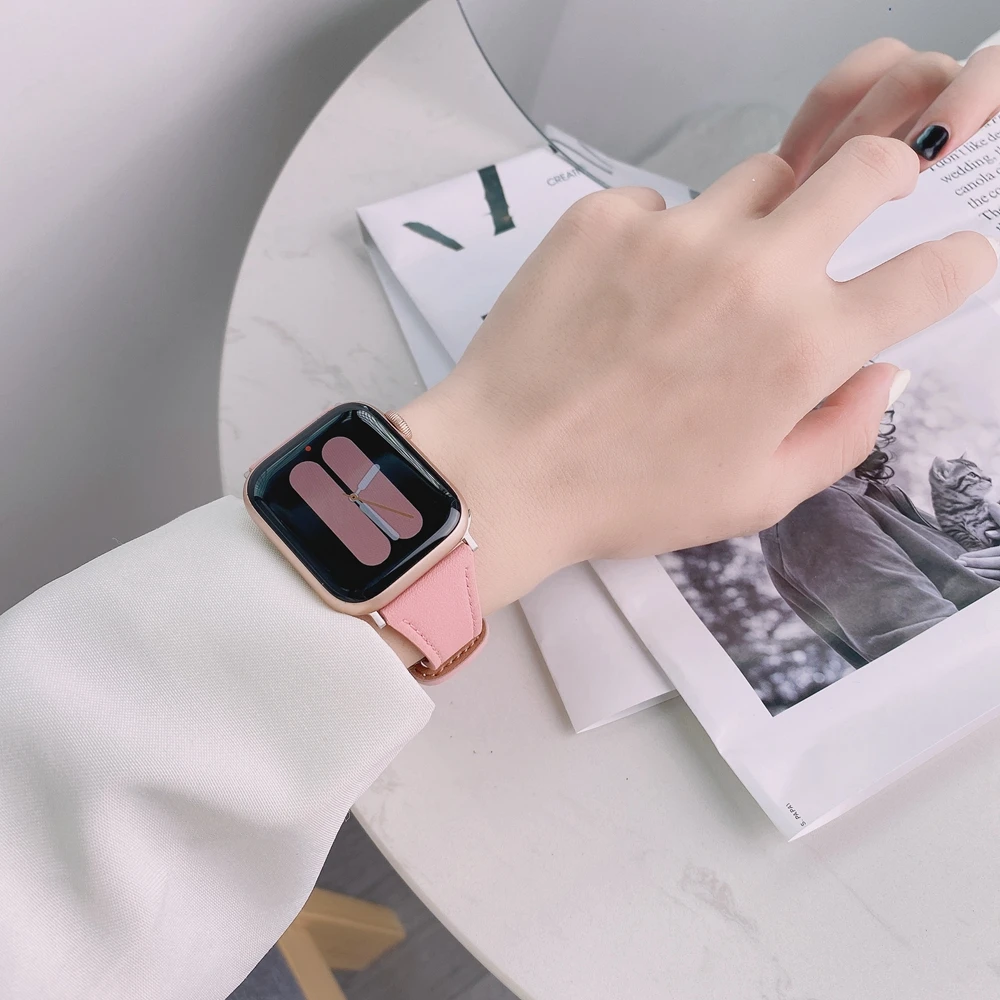 Ремешок Slimmer для Apple Watch Series se7 6 5 4 3 2 1 41/45 мм, спортивный кожаный браслет с пряжкой с язычком для iWatch 38 мм 40 мм 42 мм 44 мм, Correa