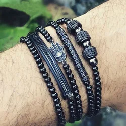 JARAVVI High Quality Stainless Steel CZ Pave Charm Adjustable Beaded Bracelet Men