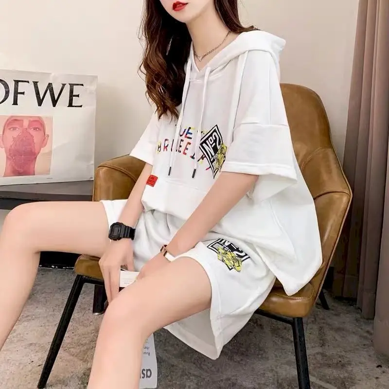 Womens Suits Summer Thin Casual Suits Loose Fashion Hooded T Shirt Wide Leg Shorts Two Piece Sets Kawaii Clothing Aesthetic Sets