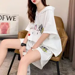 Womens Suits Summer Thin Casual Suits Loose Fashion Hooded T Shirt Wide Leg Shorts Two Piece Sets Kawaii Clothing Aesthetic Sets