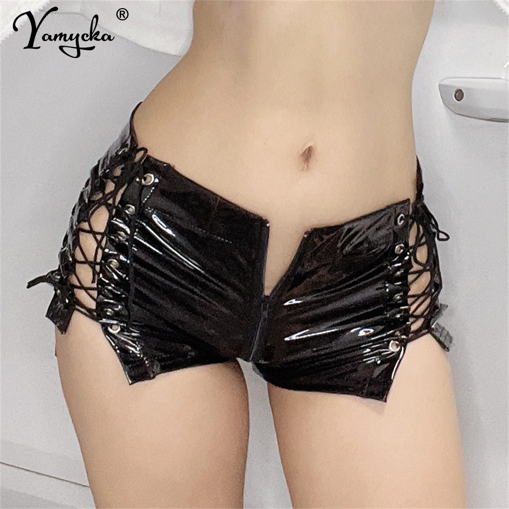 

Sexy pvc pole dancing fetish latex short pants women bdsm crotchless leggings open croch outdoor sex shorts pants exotic apparel