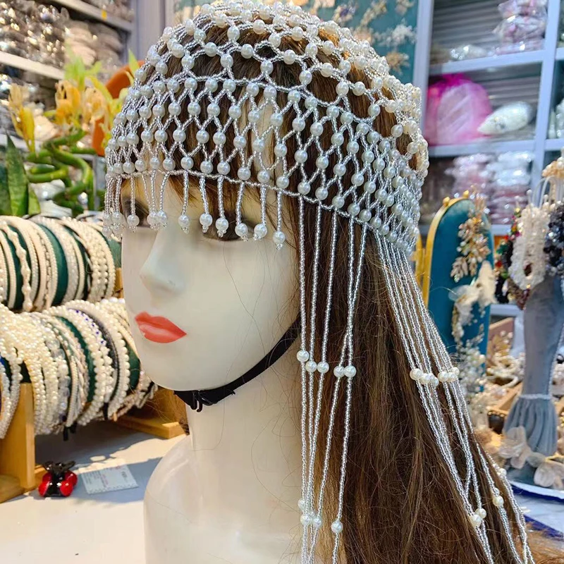 Luxury BridalTassel Pearl Hat Hair Jewelry Design Handmade Beaded Hat Wedding Hair Head Accessories