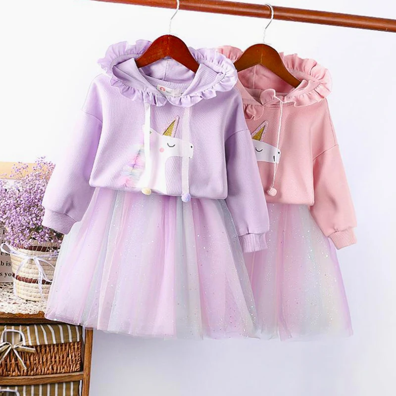 Cute Unicorn Long Sleeve Hoodie+Skirt 2Pcs Baby Girl Clothing Sets Christmas Party Rainbow Mesh Tutu Princess Girls Skirt Suits