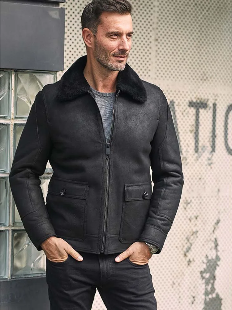 

Denny&Dora Men's Shearling Jacket - Natural Lapel Style, Short Sheepskin Coat with Casual Winter Fur​