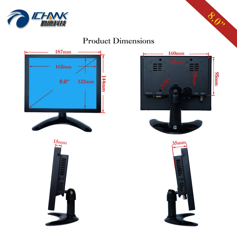 ZB080TC-262D/8 "بوصة قاعدة شاشة سطح المكتب 1024x768 4:3 IPS HDMI USB VGA حافظة حديد معدنية عرض شاشة تعمل باللمس بالسعة