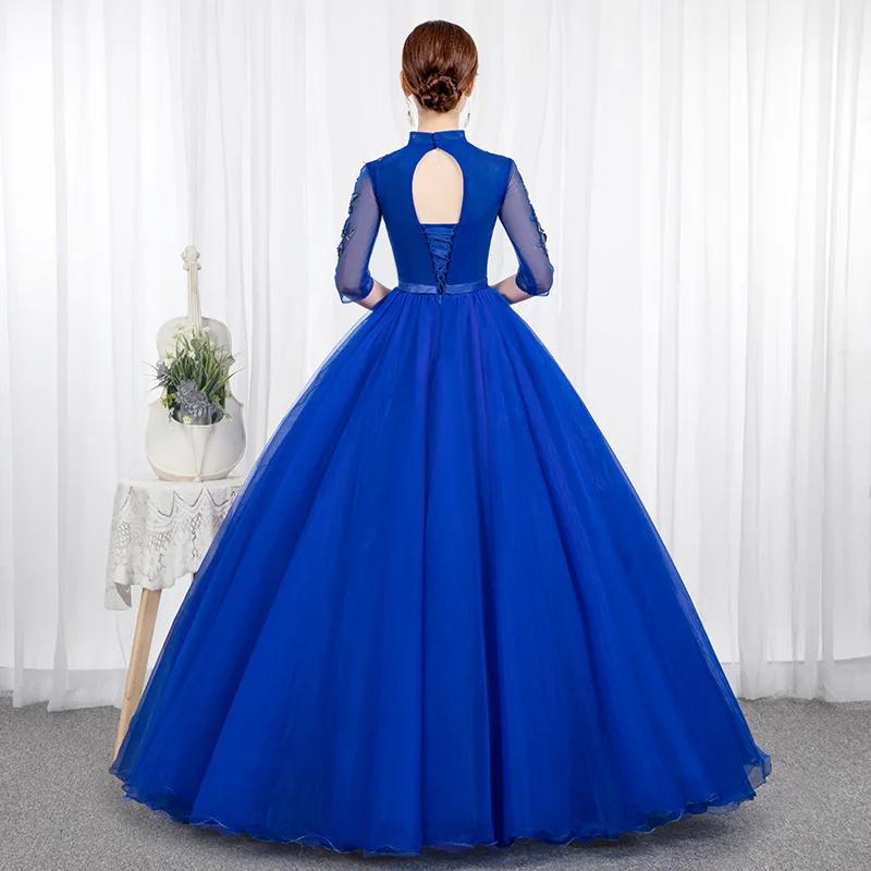 2021 Stock Royal Blue długie rękawy dekolt koronkowe sukienki Quinceanera suknia balowa sukienka na studniówkę Sweet 16 gorset Vestidos De 15 Anos