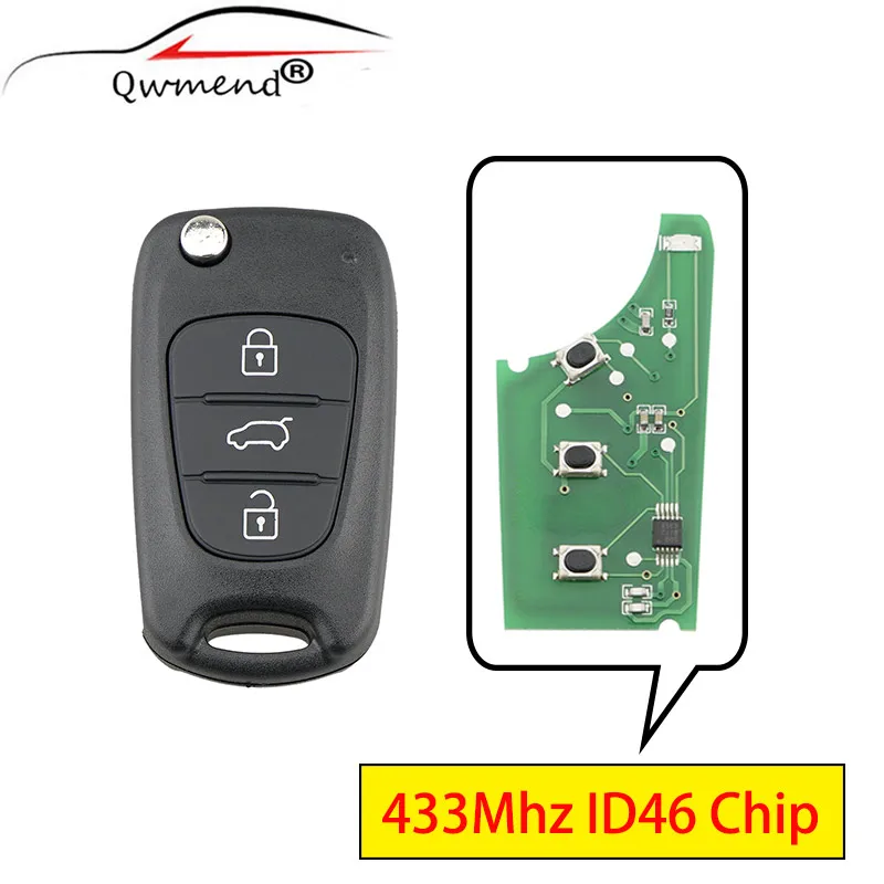 

QWMEND 3 Buttons 433Mhz Smart Car Key for Hyundai K2 I30 Tucson Elantra Remote Flip Key Car ID46 Chip for Hyundai Key