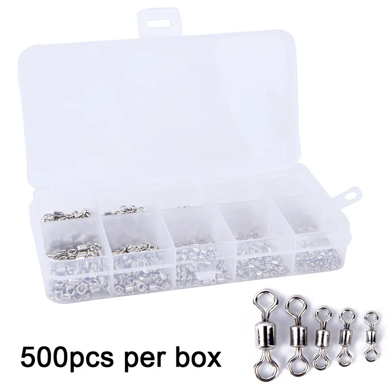 500Pcs/Box Fishing Barrel Bearing Rolling Swivel Solid Ring LB Lures Connector4# 6# 8#10# 12#  Fishing Tackle Accessories Tools